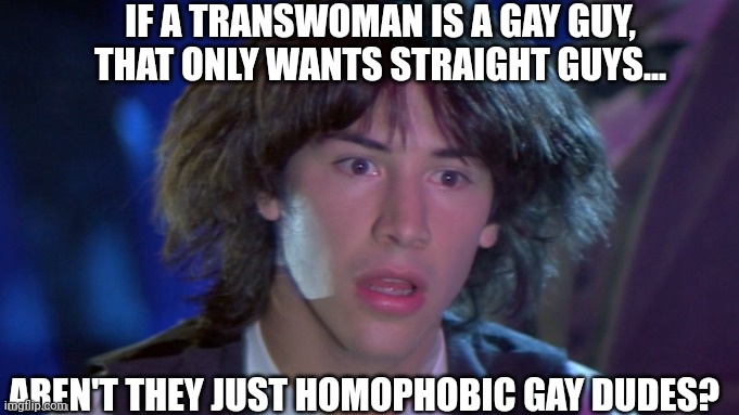 Bill goes deep... | IF A TRANSWOMAN IS A GAY GUY, THAT ONLY WANTS STRAIGHT GUYS... AREN'T THEY JUST HOMOPHOBIC GAY DUDES? | image tagged in whoa | made w/ Imgflip meme maker