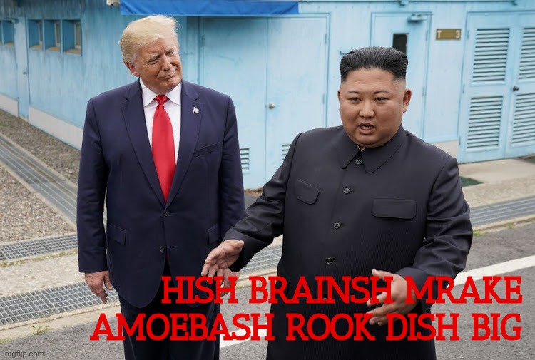 Trump Kim Jong-un | HISH BRAINSH MRAKE AMOEBASH ROOK DISH BIG | image tagged in trump kim jong-un | made w/ Imgflip meme maker