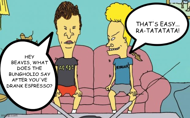 Espresso and Bungholio |  THAT'S EASY...
RA-TATATATA! HEY BEAVIS, WHAT DOES THE BUNGHOLIO SAY AFTER YOU'VE DRANK ESPRESSO? | image tagged in beavis and butthead,funny,funny memes,cartoon,mtv | made w/ Imgflip meme maker
