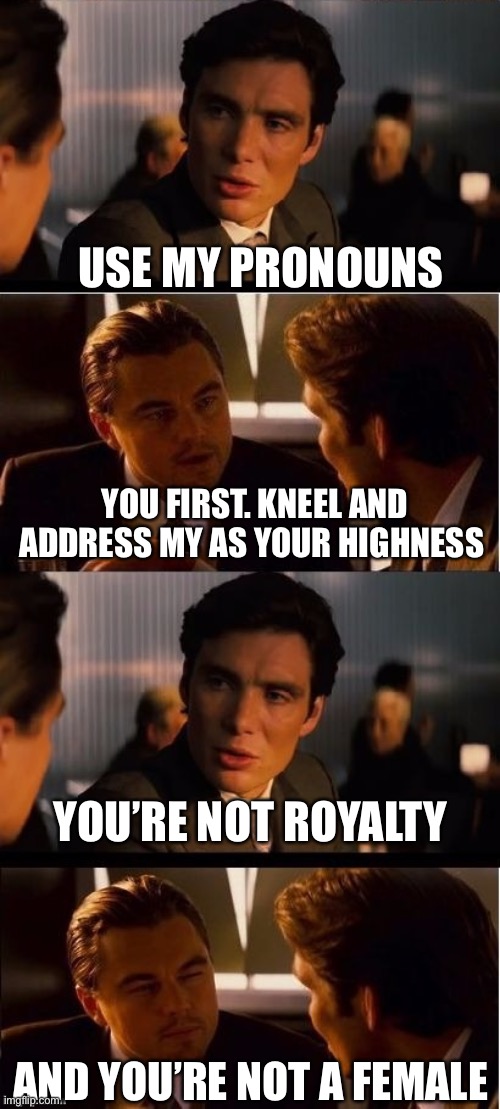 It’s about control | USE MY PRONOUNS; YOU FIRST. KNEEL AND ADDRESS MY AS YOUR HIGHNESS; YOU’RE NOT ROYALTY; AND YOU’RE NOT A FEMALE | image tagged in seasick inception | made w/ Imgflip meme maker