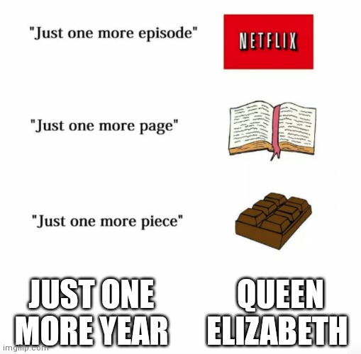 Just one more | JUST ONE MORE YEAR QUEEN ELIZABETH | image tagged in just one more | made w/ Imgflip meme maker