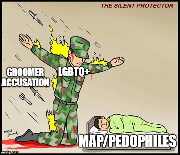 Twitter/Reddit just made the LGBT community to the shield for pedos. Your turn to hunt them down, LGBT community | LGBTQ+; GROOMER
ACCUSATION; MAP/PEDOPHILES | image tagged in the silent protector | made w/ Imgflip meme maker