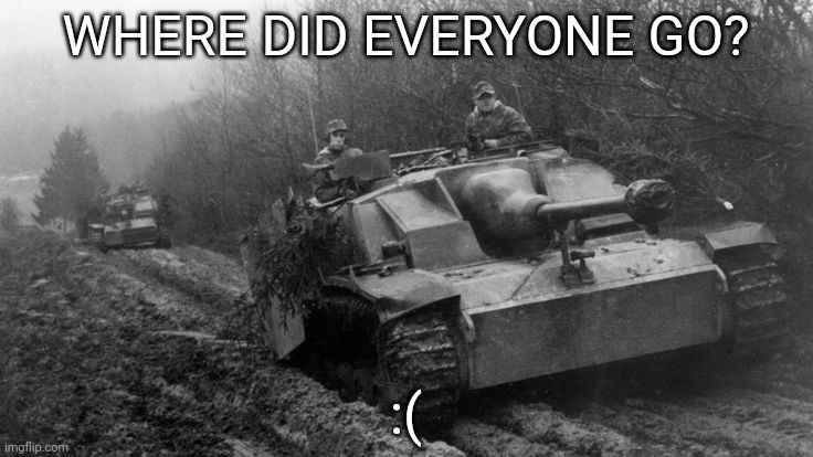 Stug III | WHERE DID EVERYONE GO? :( | image tagged in stug iii | made w/ Imgflip meme maker