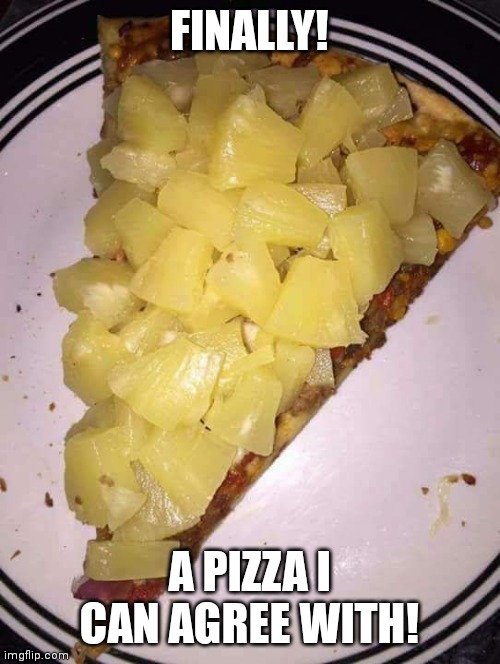Vegetarian friendly |  FINALLY! A PIZZA I CAN AGREE WITH! | image tagged in pineapple pizza,memes | made w/ Imgflip meme maker