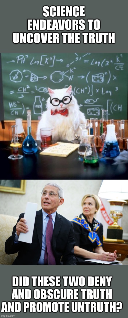 Brix admits she “knew” the vaccine would not prevent transmission. Fauci now sees possible lab leak. Among other lies. | SCIENCE ENDEAVORS TO UNCOVER THE TRUTH; DID THESE TWO DENY AND OBSCURE TRUTH AND PROMOTE UNTRUTH? | image tagged in chemistry cat,fauci brix,no integrity,liars | made w/ Imgflip meme maker