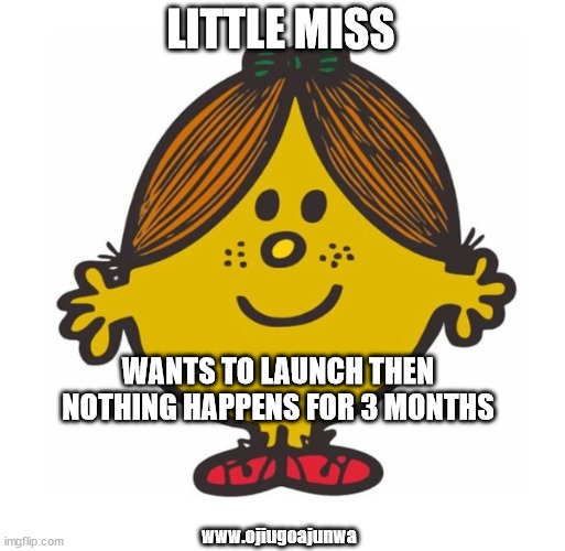 Little Miss | LITTLE MISS; WANTS TO LAUNCH THEN NOTHING HAPPENS FOR 3 MONTHS; www.ojiugoajunwa | image tagged in little miss | made w/ Imgflip meme maker