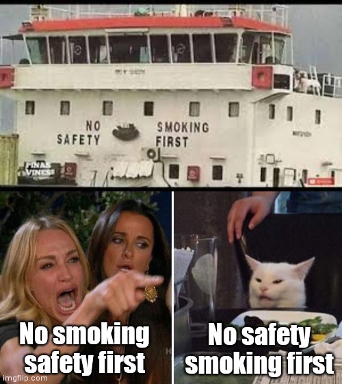 No safety just smoke | No smoking safety first; No safety smoking first | image tagged in angry lady cat | made w/ Imgflip meme maker
