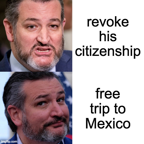 Drake Hotline Bling Meme | revoke his citizenship free
trip to
Mexico | image tagged in memes,drake hotline bling | made w/ Imgflip meme maker