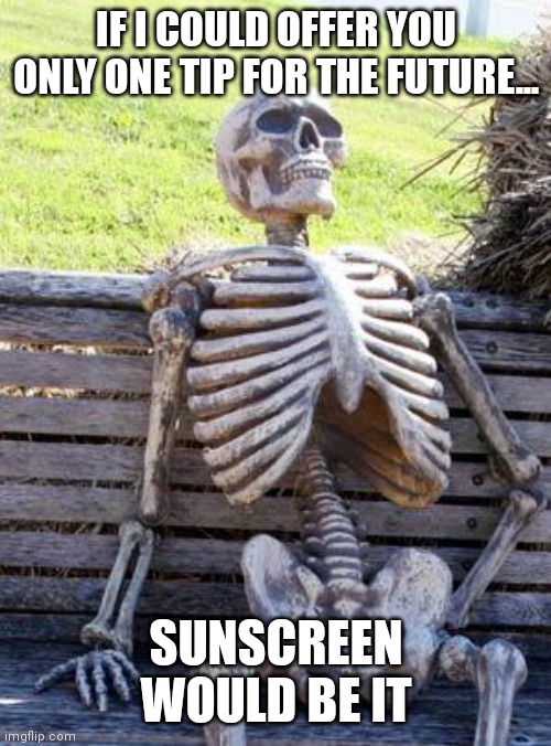 One Tip for the future | IF I COULD OFFER YOU ONLY ONE TIP FOR THE FUTURE... SUNSCREEN WOULD BE IT | image tagged in memes,waiting skeleton | made w/ Imgflip meme maker