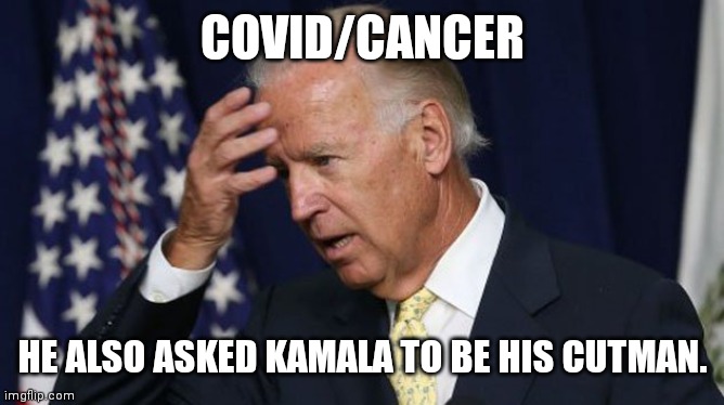 He infused his C words | COVID/CANCER; HE ALSO ASKED KAMALA TO BE HIS CUTMAN. | image tagged in joe biden worries,elkhunt,confused,delores,little man in the boat | made w/ Imgflip meme maker