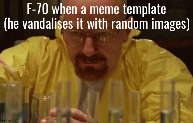 Walter White Cooking | F-70 when a meme template (he vandalises it with random images) | image tagged in walter white cooking | made w/ Imgflip meme maker