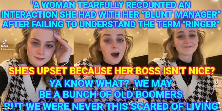 A Mean Boss?  Oh. No. Say It Isn't So.  I. Feel. So.  Bad. For. You. (world's smallest violin plays softly in the background) | "A WOMAN TEARFULLY RECOUNTED AN INTERACTION SHE HAD WITH HER “BLUNT MANAGER” AFTER FAILING TO UNDERSTAND THE TERM "RINGER"; SHE'S UPSET BECAUSE HER BOSS ISN'T NICE? YA KNOW WHAT?  WE MAY BE A BUNCH OF OLD BOOMERS; BUT WE WERE NEVER THIS SCARED OF LIVING | image tagged in pussies,here puss puss puss,grow up,bosses are mean duh,nobody owes you anything,memes | made w/ Imgflip meme maker