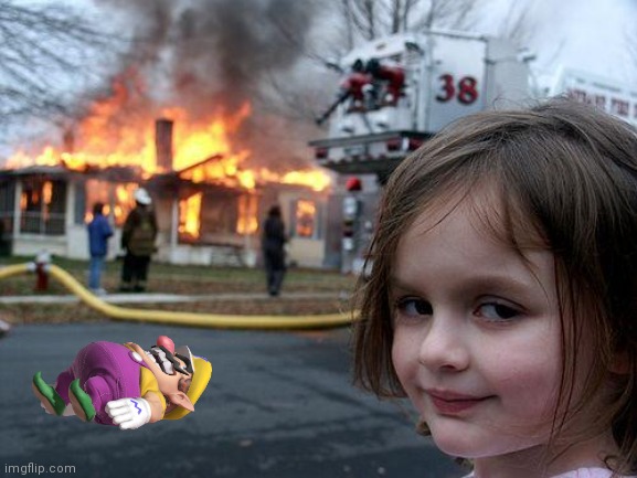 WarioDeadOnTheStreet.mp3 | image tagged in memes,disaster girl | made w/ Imgflip meme maker