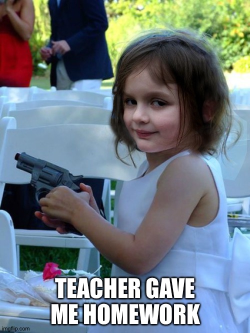 Disaster Girl Gun | TEACHER GAVE ME HOMEWORK | image tagged in disaster girl gun | made w/ Imgflip meme maker