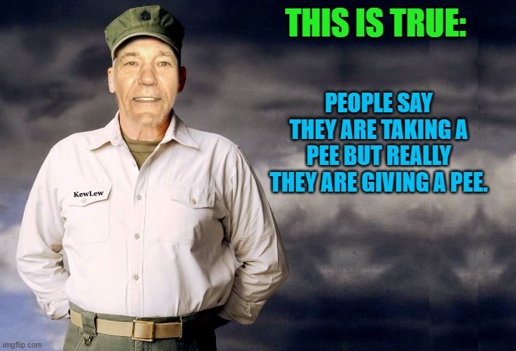 THIS IS TRUE: PEOPLE SAY THEY ARE TAKING A PEE BUT REALLY THEY ARE GIVING A PEE. | image tagged in kewlew | made w/ Imgflip meme maker