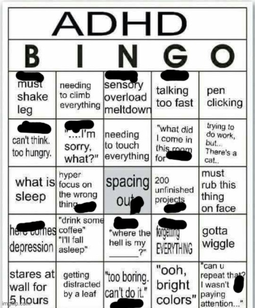adhd bingo | image tagged in adhd bingo | made w/ Imgflip meme maker