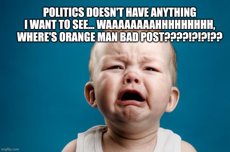 Whiny Baby | POLITICS DOESN'T HAVE ANYTHING I WANT TO SEE... WAAAAAAAAHHHHHHHHH, WHERE'S ORANGE MAN BAD POST????!?!?!?? | image tagged in whiny baby | made w/ Imgflip meme maker