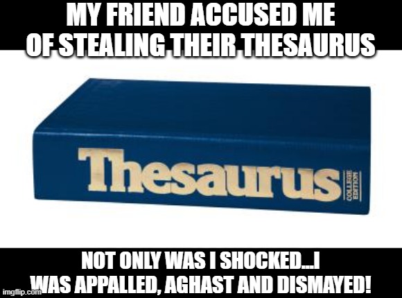 Thief | MY FRIEND ACCUSED ME OF STEALING THEIR THESAURUS; NOT ONLY WAS I SHOCKED...I WAS APPALLED, AGHAST AND DISMAYED! | image tagged in thesaurus | made w/ Imgflip meme maker