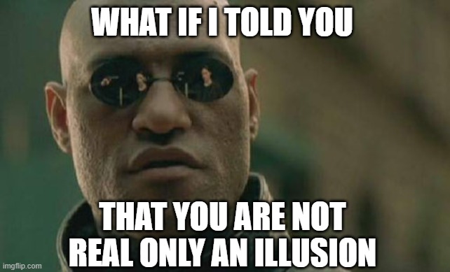 Illusion |  WHAT IF I TOLD YOU; THAT YOU ARE NOT REAL ONLY AN ILLUSION | image tagged in memes,matrix morpheus | made w/ Imgflip meme maker
