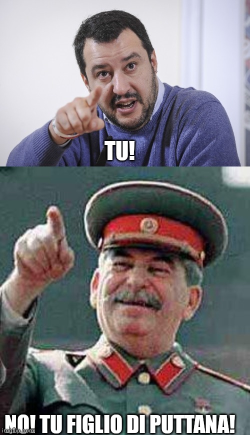 TU! NO! TU FIGLIO DI PUTTANA! | image tagged in salvini point,stalin says | made w/ Imgflip meme maker