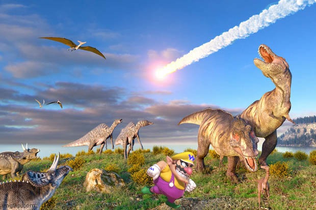 WarioRunsAwayFromTheInevitable.mp3 | image tagged in dino extinction,dinosaurs meteor | made w/ Imgflip meme maker