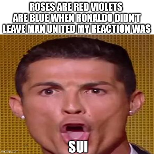 SUIIIIiIi | ROSES ARE RED VIOLETS  ARE BLUE WHEN RONALDO DIDN’T LEAVE MAN UNITED MY REACTION WAS; SUI | image tagged in ronaldo | made w/ Imgflip meme maker