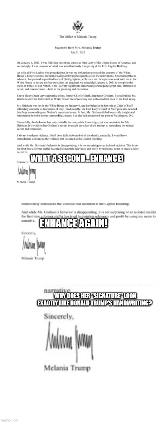 something's not right | WHAT A SECOND...ENHANCE! ENHANCE AGAIN! WHY DOES HER "SIGNATURE" LOOK EXACTLY LIKE DONALD TRUMP'S HANDWRITING? | made w/ Imgflip meme maker