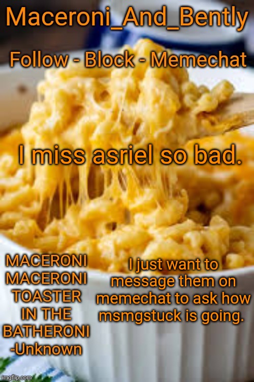 I almost want to cry. I'm so pathetic. Crying over a friend who I never even saw the face of | I miss asriel so bad. I just want to message them on memechat to ask how msmgstuck is going. | image tagged in maceroni temp | made w/ Imgflip meme maker