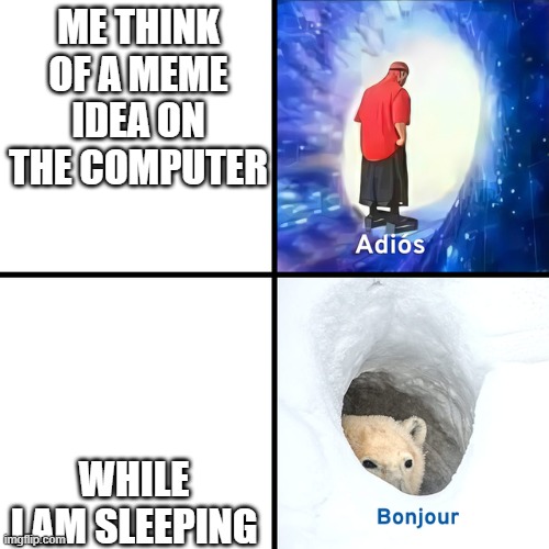 true | ME THINK OF A MEME IDEA ON THE COMPUTER; WHILE I AM SLEEPING | image tagged in adios bonjour,facts | made w/ Imgflip meme maker