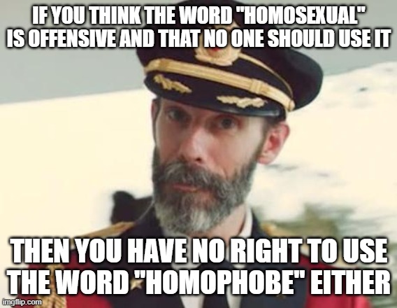 Captain Obvious | IF YOU THINK THE WORD "HOMOSEXUAL"
IS OFFENSIVE AND THAT NO ONE SHOULD USE IT; THEN YOU HAVE NO RIGHT TO USE
THE WORD "HOMOPHOBE" EITHER | image tagged in captain obvious,homophobe,homophobic,homosexual,lgbtq,lgbt | made w/ Imgflip meme maker