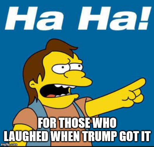 Nelson Laugh Old | FOR THOSE WHO LAUGHED WHEN TRUMP GOT IT | image tagged in nelson laugh old | made w/ Imgflip meme maker