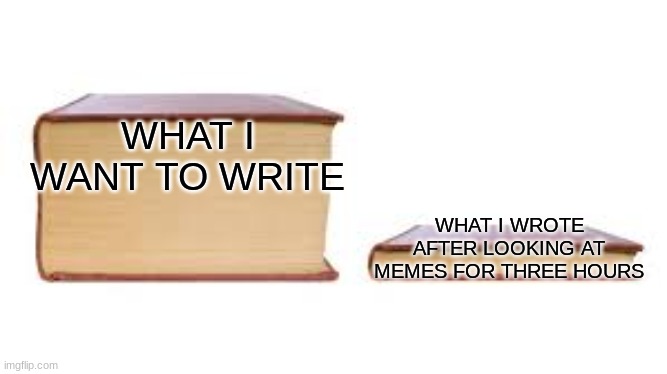 Big book small book | WHAT I WANT TO WRITE WHAT I WROTE AFTER LOOKING AT MEMES FOR THREE HOURS | image tagged in big book small book | made w/ Imgflip meme maker
