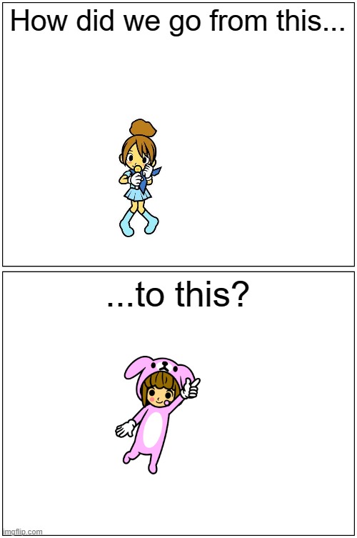 i still simp either way | How did we go from this... ...to this? | image tagged in memes,blank comic panel 1x2,rhythm heaven | made w/ Imgflip meme maker