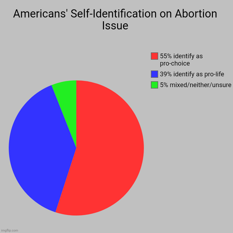 Gallup poll, June 2, 2022 | Americans' Self-Identification on Abortion Issue | 5% mixed/neither/unsure, 39% identify as pro-life, 55% identify as pro-choice | image tagged in charts,pie charts | made w/ Imgflip chart maker