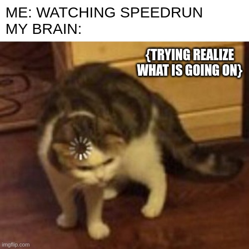 speedruns |  ME: WATCHING SPEEDRUN
MY BRAIN:; {TRYING REALIZE WHAT IS GOING ON} | image tagged in loading cat | made w/ Imgflip meme maker