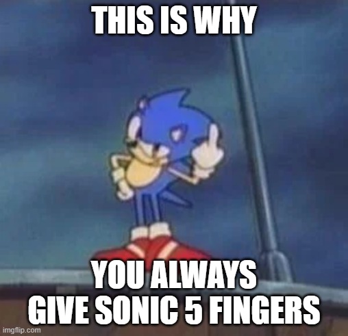 Anyone remember the FIRST Sonic movie, the Sonic OVA | THIS IS WHY; YOU ALWAYS GIVE SONIC 5 FINGERS | image tagged in sonic the hedgehog,cursed image | made w/ Imgflip meme maker