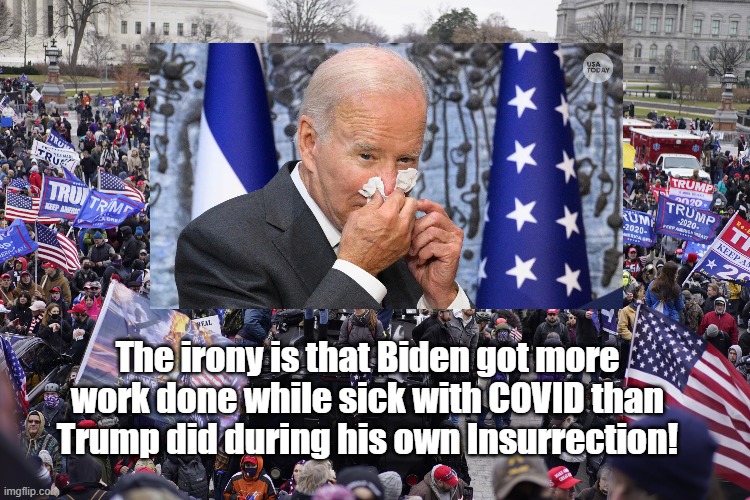 IRONY | The irony is that Biden got more work done while sick with COVID than Trump did during his own Insurrection! | image tagged in biden,covid-19,insurrection,trump,work | made w/ Imgflip meme maker