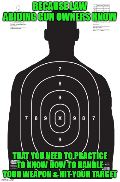 target practice | BECAUSE LAW ABIDING GUN OWNERS KNOW THAT YOU NEED TO PRACTICE TO KNOW HOW TO HANDLE YOUR WEAPON & HIT YOUR TARGET | image tagged in target practice | made w/ Imgflip meme maker