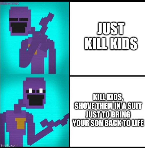 THE MAIN IDEA OF LORE | JUST KILL KIDS; KILL KIDS, SHOVE THEM IN A SUIT JUST TO BRING YOUR SON BACK TO LIFE | image tagged in drake hotline bling meme fnaf edition,fnaf,william afton,purple guy | made w/ Imgflip meme maker
