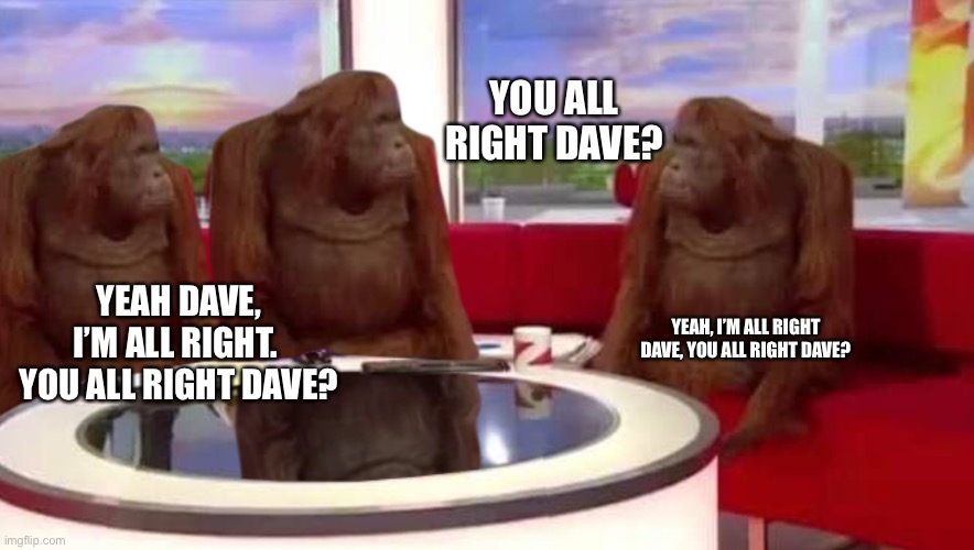 All right Dave | YOU ALL RIGHT DAVE? YEAH DAVE, I’M ALL RIGHT.  YOU ALL RIGHT DAVE? YEAH, I’M ALL RIGHT DAVE, YOU ALL RIGHT DAVE? | image tagged in where monkey | made w/ Imgflip meme maker