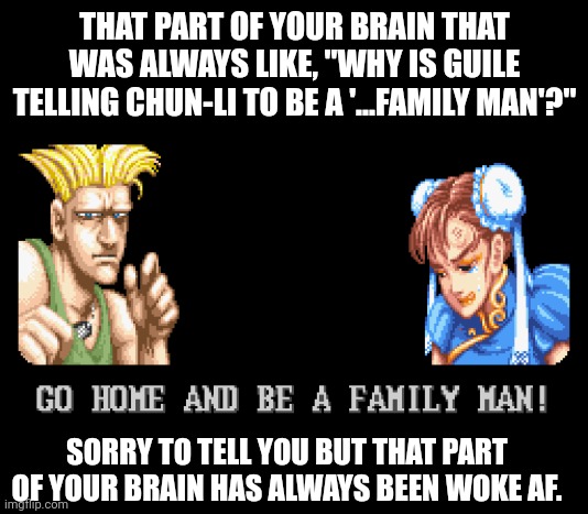 Woke Street Fighter II | THAT PART OF YOUR BRAIN THAT WAS ALWAYS LIKE, "WHY IS GUILE TELLING CHUN-LI TO BE A '...FAMILY MAN'?"; SORRY TO TELL YOU BUT THAT PART OF YOUR BRAIN HAS ALWAYS BEEN WOKE AF. | image tagged in street fighter,woke | made w/ Imgflip meme maker