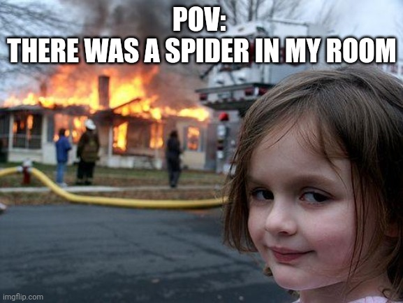 Disaster Girl | POV: 
THERE WAS A SPIDER IN MY ROOM | image tagged in memes,disaster girl | made w/ Imgflip meme maker