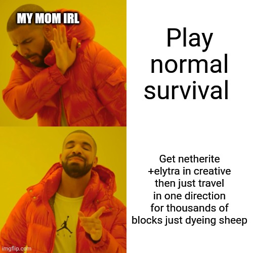 And she doesn't even kill the sheep | MY MOM IRL; Play normal survival; Get netherite +elytra in creative then just travel in one direction for thousands of blocks just dyeing sheep | image tagged in memes,drake hotline bling,minecraft,creative,survival | made w/ Imgflip meme maker