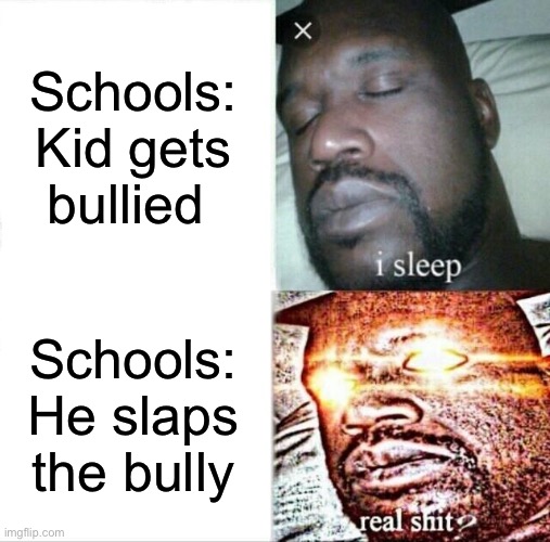 Sleeping Shaq Meme | Schools:
Kid gets bullied; Schools:
He slaps the bully | image tagged in memes,sleeping shaq | made w/ Imgflip meme maker