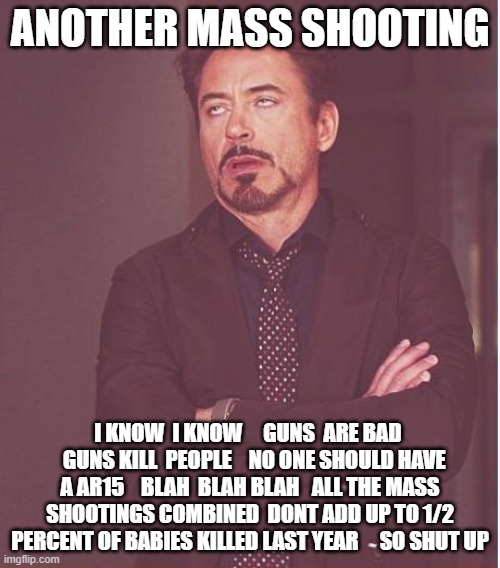 Face You Make Robert Downey Jr | ANOTHER MASS SHOOTING; I KNOW  I KNOW     GUNS  ARE BAD    GUNS KILL  PEOPLE    NO ONE SHOULD HAVE A AR15    BLAH  BLAH BLAH   ALL THE MASS SHOOTINGS COMBINED  DONT ADD UP TO 1/2 PERCENT OF BABIES KILLED LAST YEAR     SO SHUT UP | image tagged in memes,face you make robert downey jr | made w/ Imgflip meme maker