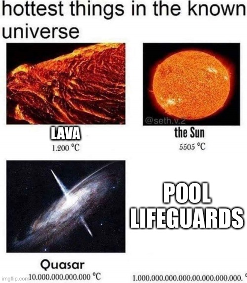 hottest things in the known universe | LAVA; POOL LIFEGUARDS | image tagged in hottest things in the known universe | made w/ Imgflip meme maker