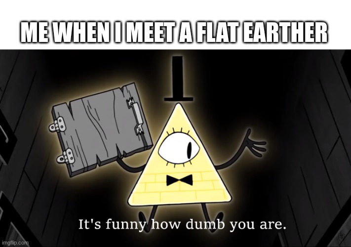 insert bad title | ME WHEN I MEET A FLAT EARTHER | image tagged in it's funny how dumb you are bill cipher | made w/ Imgflip meme maker