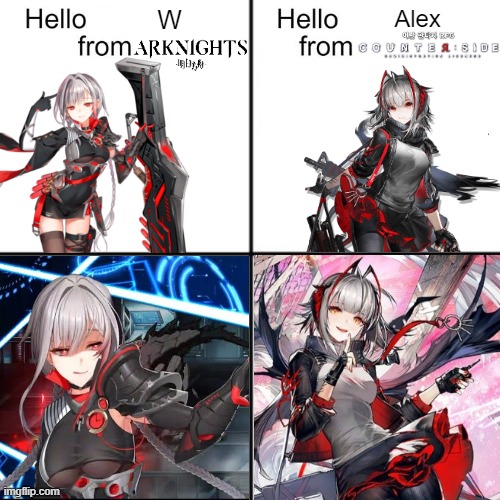 Hello W from Arknights Hello Alex from Counterside | W; Alex | image tagged in arknights,counterside,w,alex,gacha,mobile | made w/ Imgflip meme maker