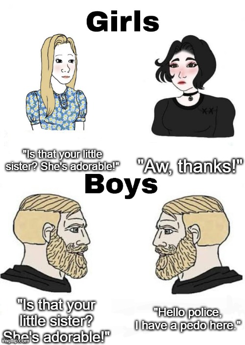 Girls vs Boys | "Is that your little sister? She's adorable!"; "Aw, thanks!"; "Hello police, I have a pedo here."; "Is that your little sister? She's adorable!" | image tagged in girls vs boys | made w/ Imgflip meme maker