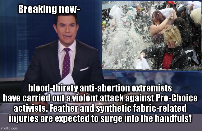 ABC fake news reports | Breaking now-; blood-thirsty anti-abortion extremists have carried out a violent attack against Pro-Choice activists. Feather and synthetic fabric-related injuries are expected to surge into the handfuls! | image tagged in abc fake news reports,abortion,planned parenthood,media bias,liberal lies,political humor | made w/ Imgflip meme maker